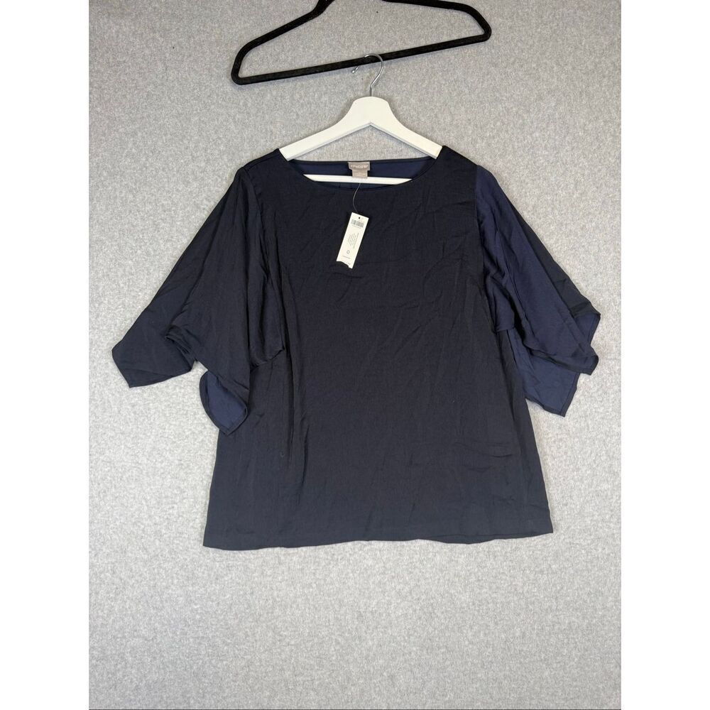 New Chico's Women's Size 0 Navy Blue Pullover Drape Short Sleeve Blouse Top